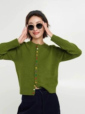 Olive Green Button-Front Women's Cardigan with Colorful Buttons